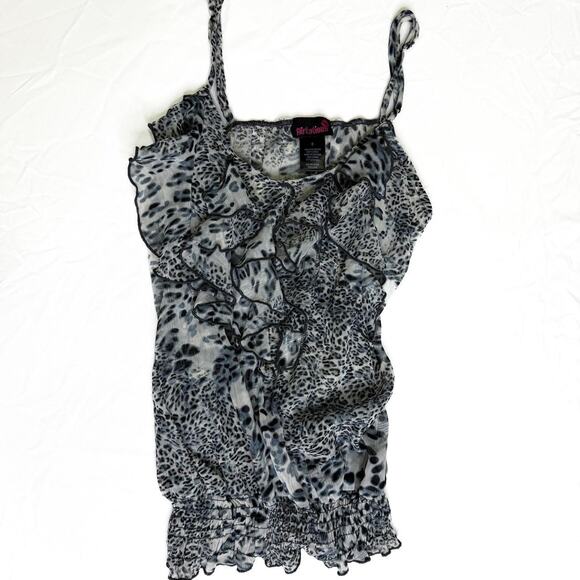 Black silver leopard print cami top with ruffles and tie straps - Picture 1 of 7